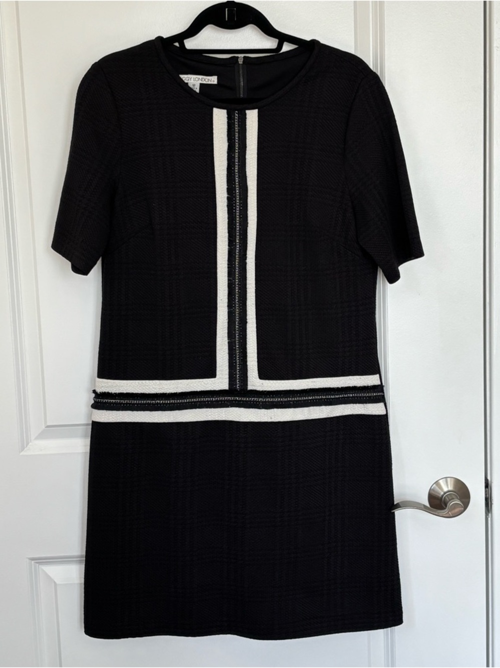 Maggy London Black Dress with White Chain Trim Mini Shift, size large.
